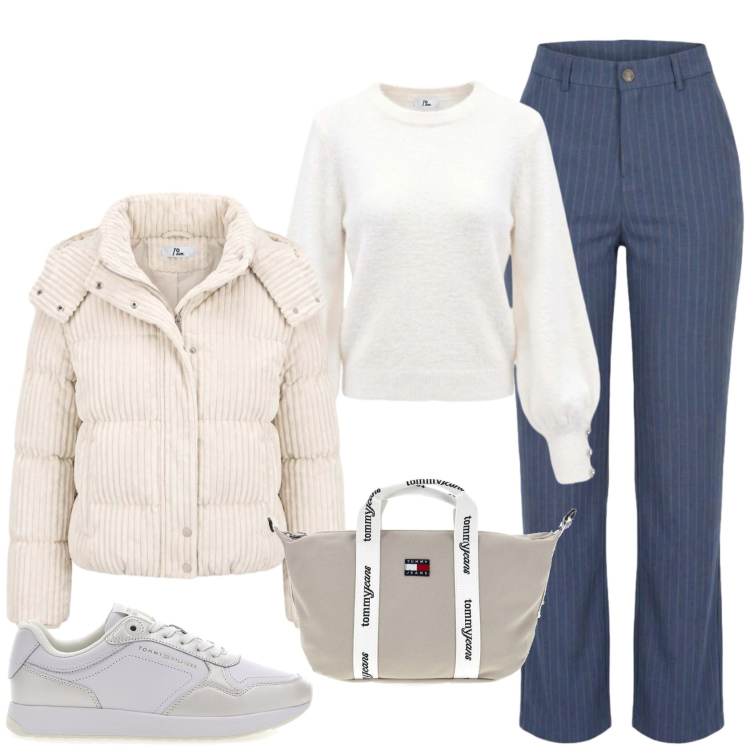 Outfit donna - Sporty chic scuola ufficio tempo libero. Stile Sporty chic per Scuola/Università. Abbinamento con jeans dritti, maglieria, piumini, sneakers, shopping bag.