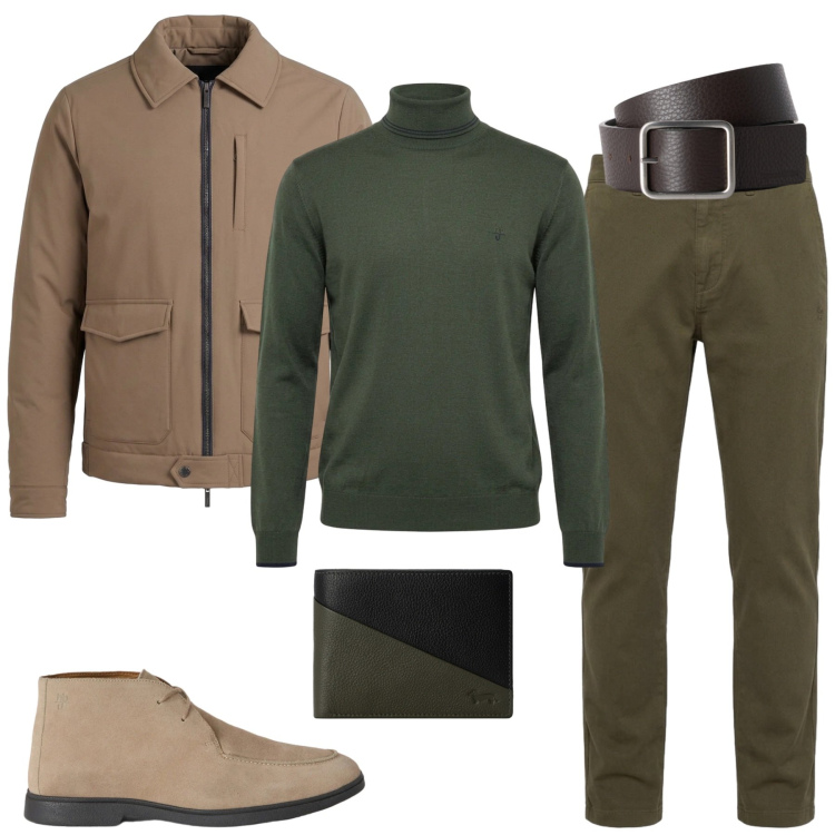 Outfit uomo - Love green and cream. Stile Trendy per Ufficio. Abbinamento con stivali e stivaletti, cinture, portafogli, giacche, pantaloni, maglieria.