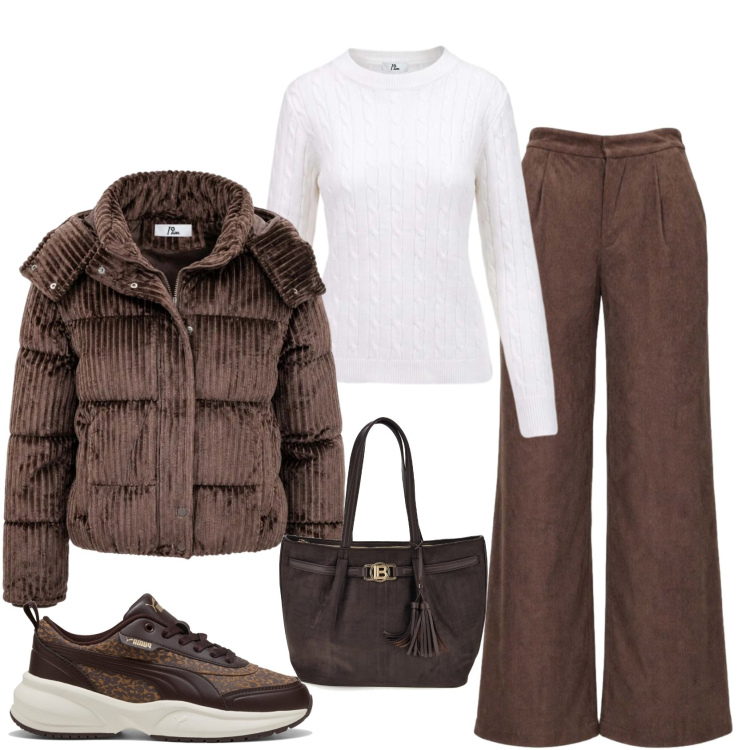 Outfit donna - Sporty chic scuola ufficio tempo libero. Stile Sporty chic per Scuola/Università. Abbinamento con piumini, pantaloni a palazzo, maglieria, sneakers, shopping bag.