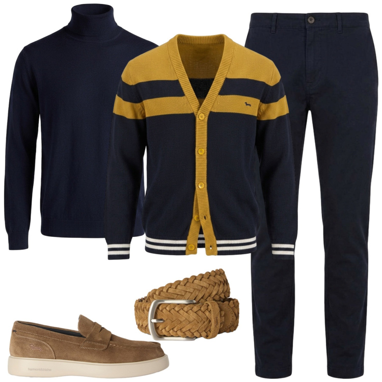 Outfit uomo - Senape e blu. Stile Trendy per Ufficio. Abbinamento con cinture, scarpe stringate, cardigans, pantaloni, jeans.