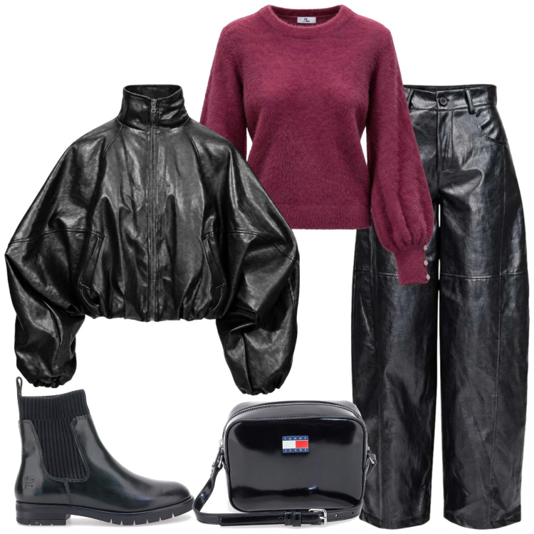 Outfit donna - Rock in città ufficio tempo libero. Stile Rock per Tutti i giorni. Abbinamento con bomber, pantaloni a palazzo, maglieria, stivaletti, borse a tracolla.