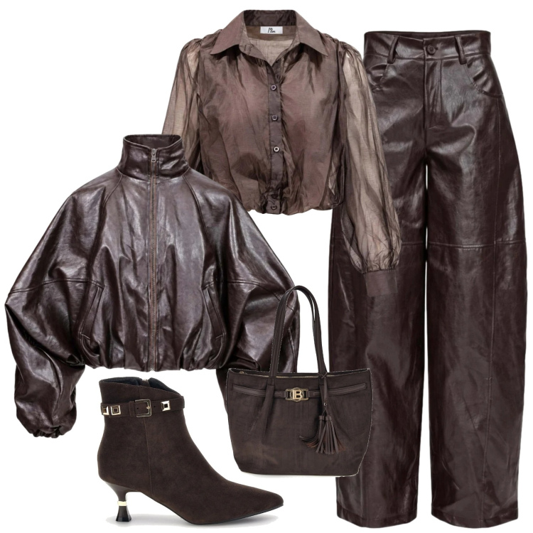 Outfit donna - Chic rock serata in città. Stile Chic per Serata fuori. Abbinamento con camicie, pantaloni a palazzo, bomber, stivaletti, shopping bag.