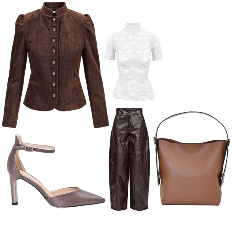 Outfit donna - Giacca corsaro in primo piano. Stile Glamour per Serata fuori. Abbinamento con pantaloni a palazzo, blazer, top, borse a mano, décolleté.