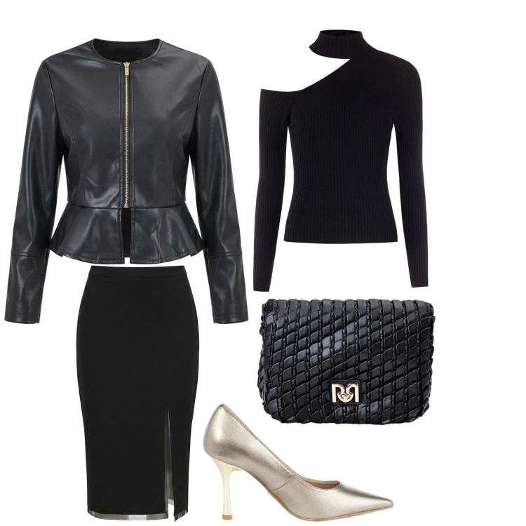 Outfit donna - Aperitivo Rock. Stile Glamour per Serata fuori. Abbinamento con borse a tracolla, gonne longuette, décolleté, maglieria, giacche.
