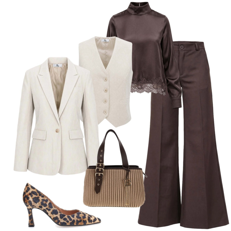 Outfit donna - Chic ufficio serata evento speciale. Stile Chic per Serata fuori. Abbinamento con pantaloni, bluse, gilet, blazer, borse a mano, décolleté.
