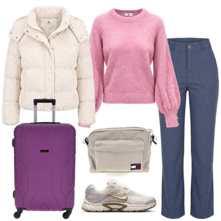 Outfit donna - Partenza d'autunno. Stile Casual per Tutti i giorni. Abbinamento con jeans dritti, maglieria, piumini, sneakers, valigie, borse a tracolla.