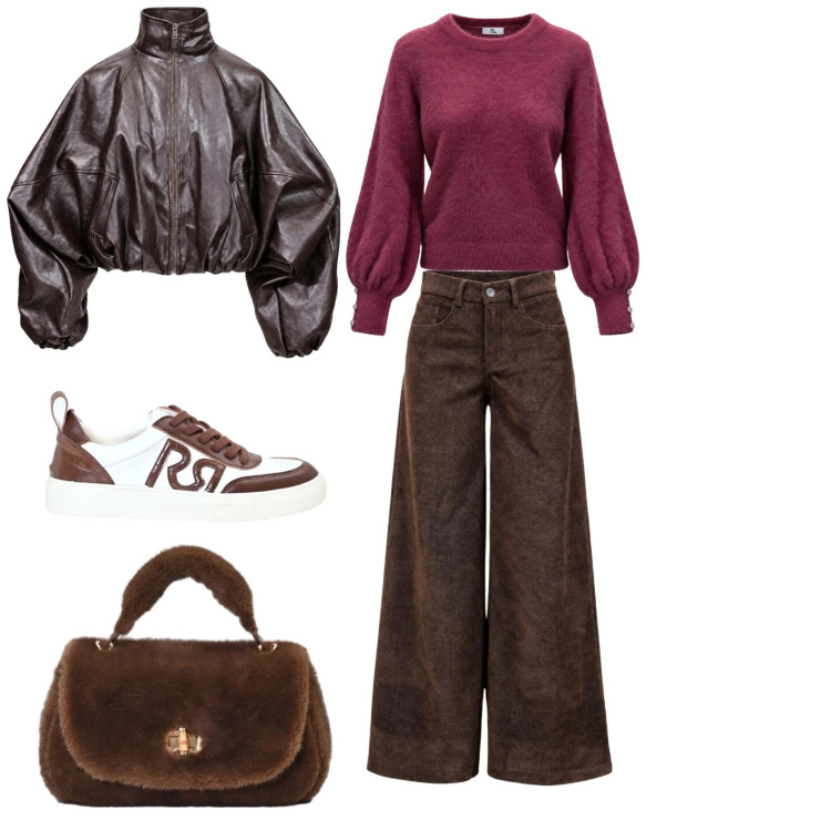 Outfit donna - Sfumature calde. Stile Casual per Tutti i giorni. Abbinamento con pantaloni a palazzo, bomber, maglieria, borse a mano, sneakers.