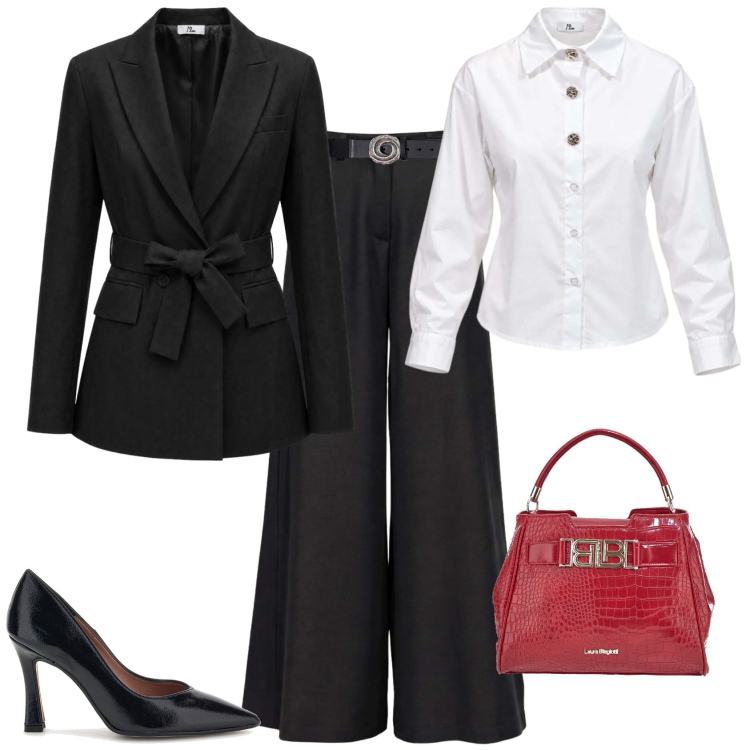 Outfit donna - Bianco e nero eleganza senza tempo. Stile Chic per Serata fuori. Abbinamento con cinture, pantaloni a palazzo, camicie, blazer, borse a mano, décolleté.