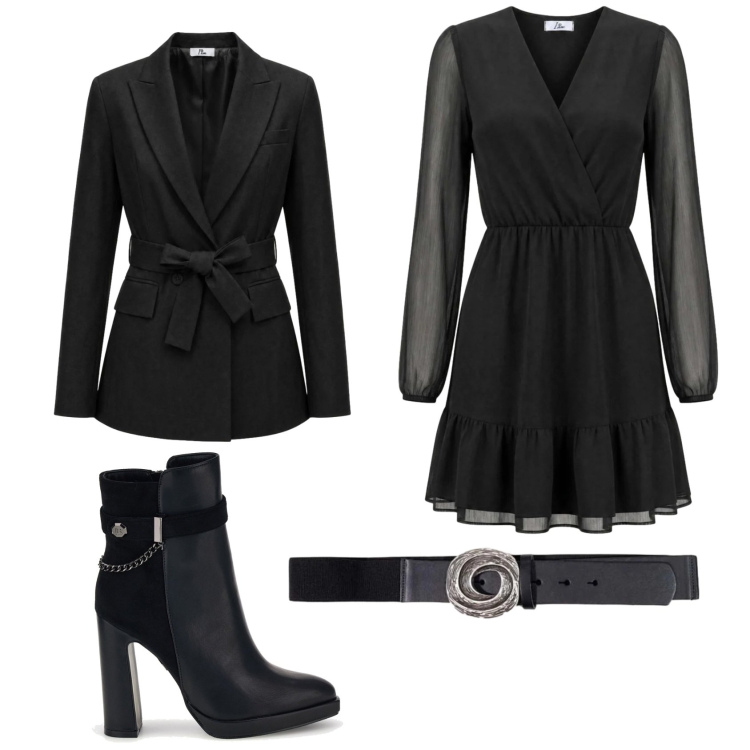 Outfit donna - I Am total black. Stile Chic per Serata fuori. Abbinamento con vestiti corti, cinture, blazer, stivaletti.