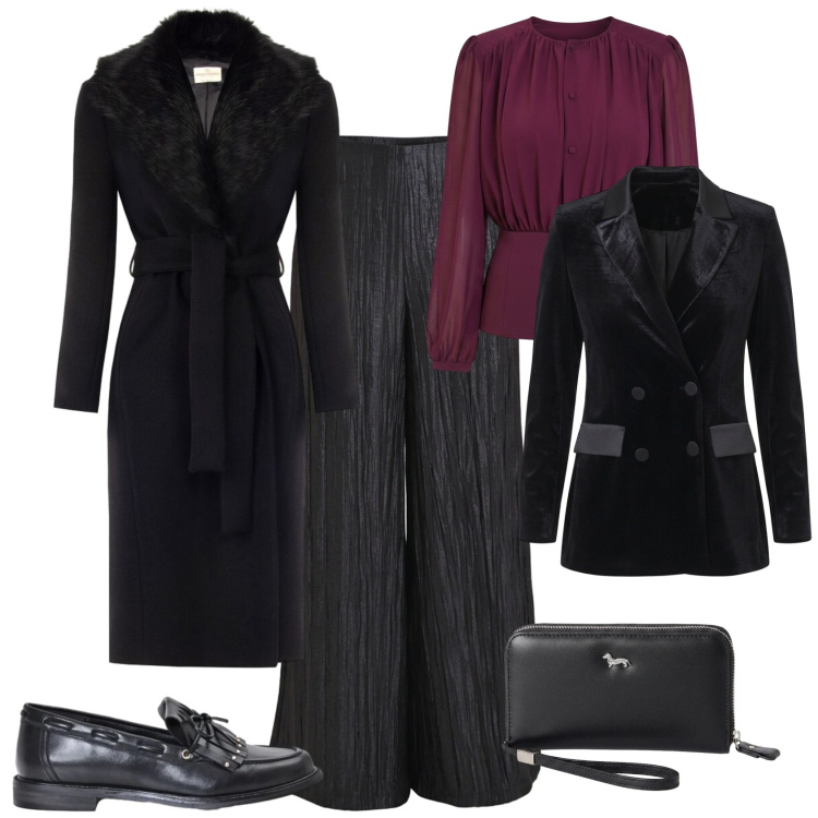 Outfit donna - Chic aperitivo serata evento speciale. Stile Chic per Serata fuori. Abbinamento con portafogli, mocassini, bluse, cappotti, pantaloni a palazzo, blazer.