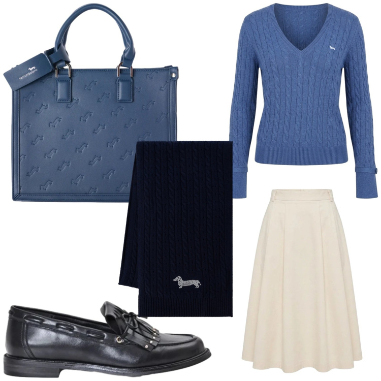 Outfit donna - La classe di Harmont & Blaine. Stile Bon Ton per Ufficio. Abbinamento con borse a mano, maglieria, gonne longuette, sciarpe, mocassini.