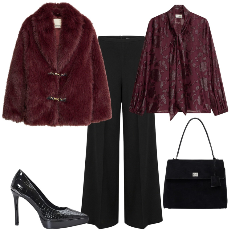 Outfit donna - Chic aperitivo serata evento speciale. Stile Chic per Serata fuori. Abbinamento con borse a mano, décolleté, pantaloni a palazzo, bluse, blazer.