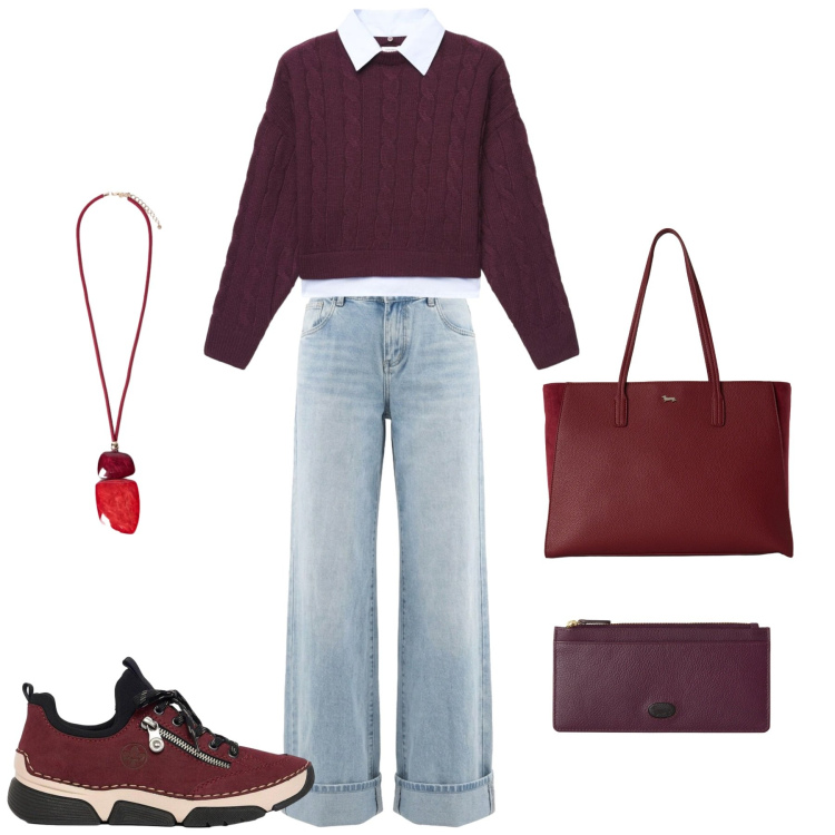 Outfit donna - Total look #2500293. Stile Casual per Tutti i giorni. Abbinamento con shopping bag, portafogli, ciondoli, jeans, maglieria, sneakers.