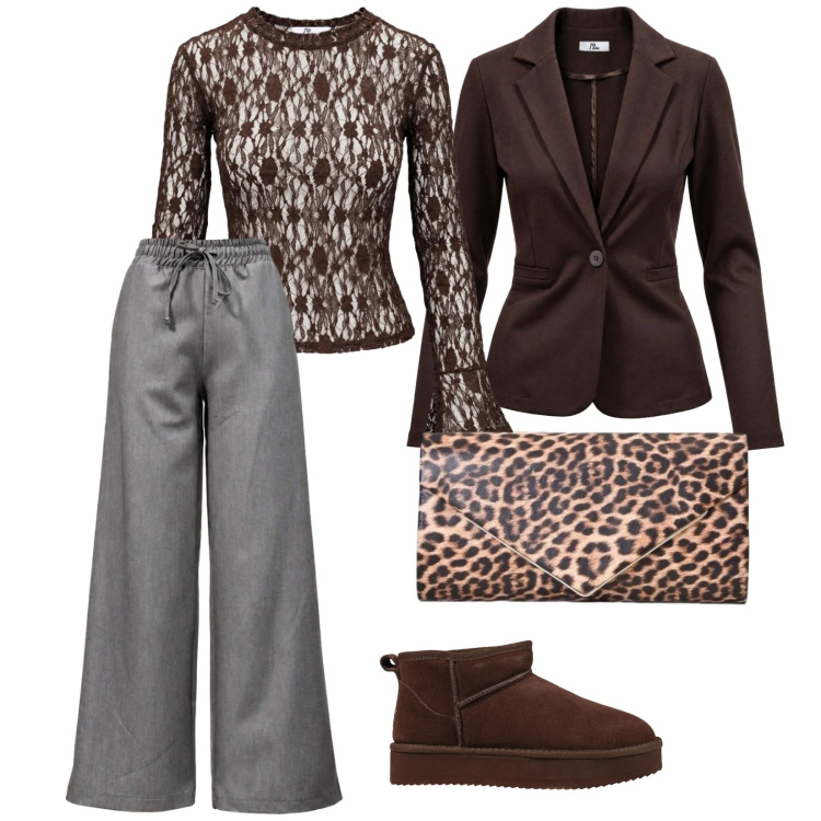 Outfit donna - Marrone e grigio. per Tutti i giorni. Abbinamento con top, stivaletti, pantaloni, blazer, pochette.