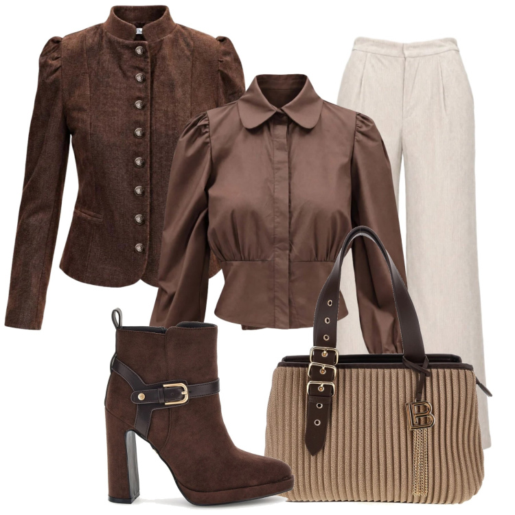 Outfit donna - Autunno I AM. Stile Glamour per Tutti i giorni. Abbinamento con blazer, camicie, pantaloni a palazzo, borse a mano, stivaletti.