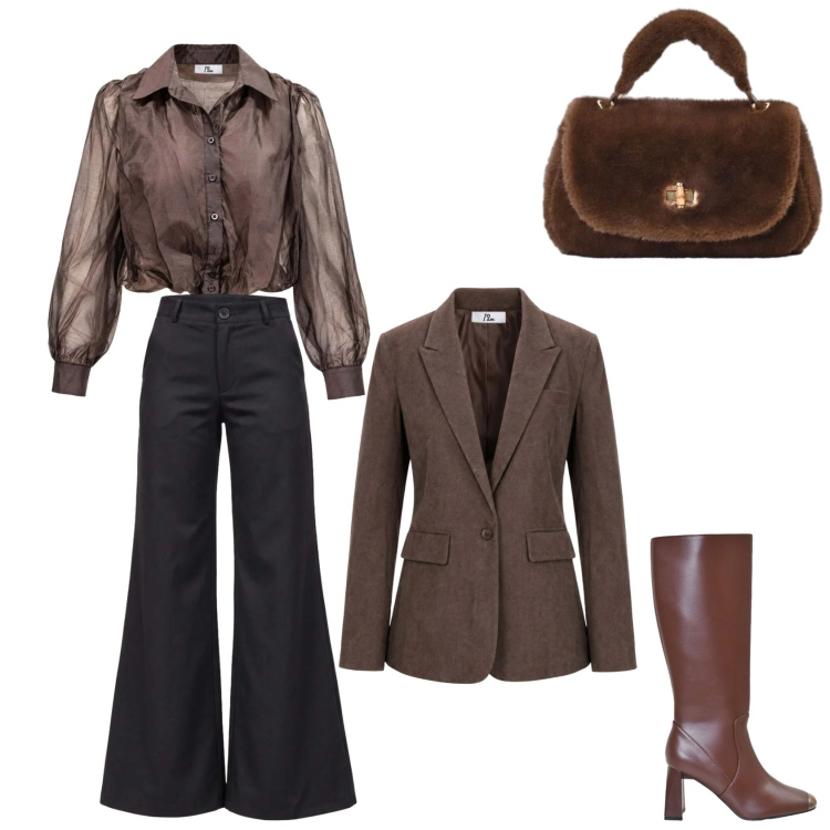 Outfit donna - Total look nuance marrone. Stile Glamour per Serata fuori. Abbinamento con camicie, blazer, pantaloni, borse a mano, stivali sopra il ginocchio.