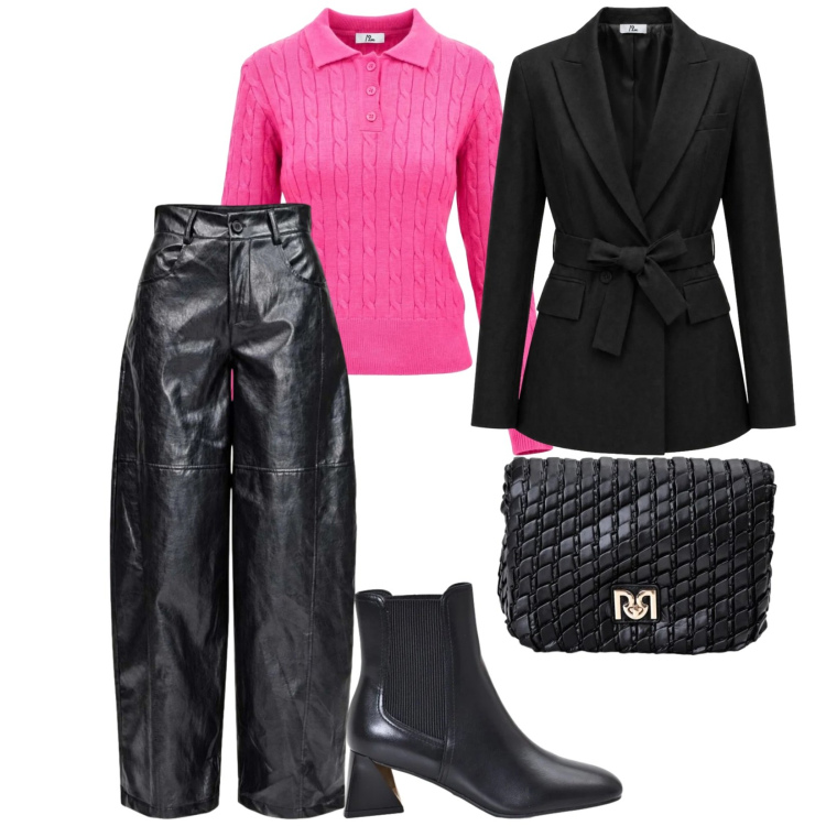 Outfit donna - Rosa e nero. per Ufficio. Abbinamento con pantaloni a palazzo, blazer, polo, borse a tracolla, stivaletti.