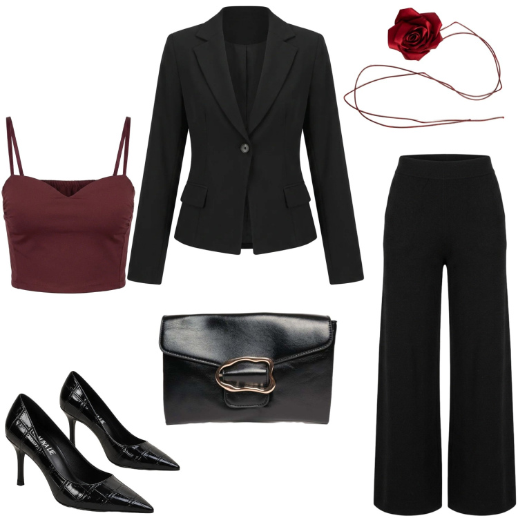 Outfit donna - Total look #2500298. Stile Chic per Cerimonia. Abbinamento con blazer, top, collane, clutch, pantaloni a palazzo, décolleté.