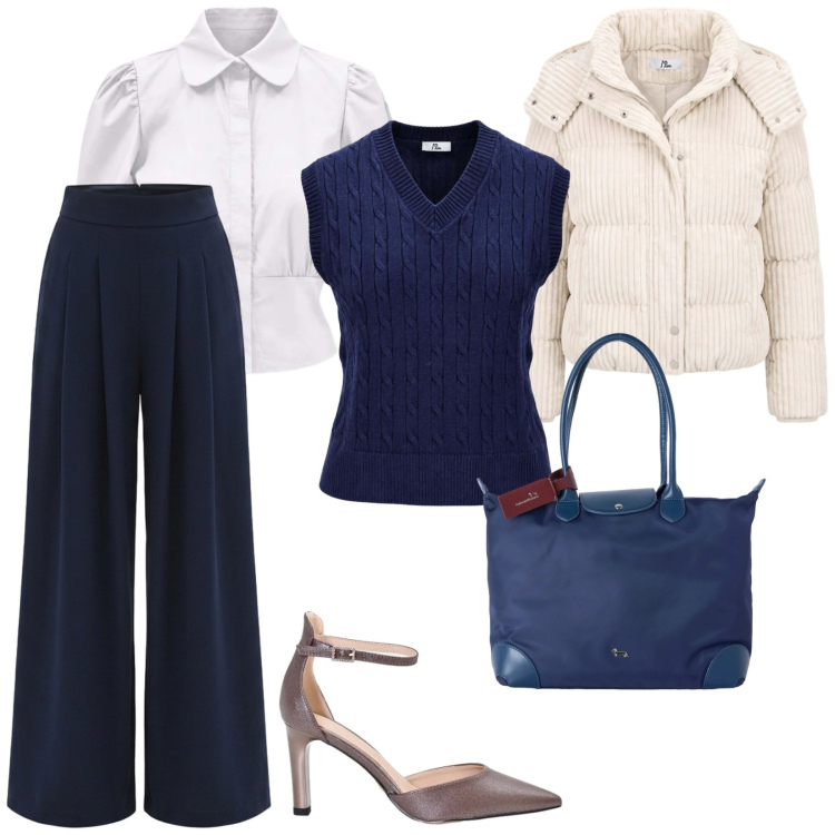 Outfit donna - Gilet e camicia. per Ufficio. Abbinamento con camicie, maglieria, piumini, shopping bag, pantaloni a palazzo, décolleté.