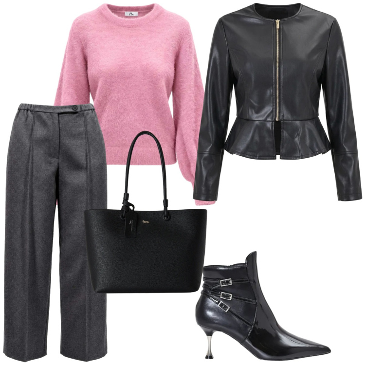 Outfit donna - A lavoro. per Ufficio. Abbinamento con pantaloni, maglieria, shopping bag, stivaletti, giacche.