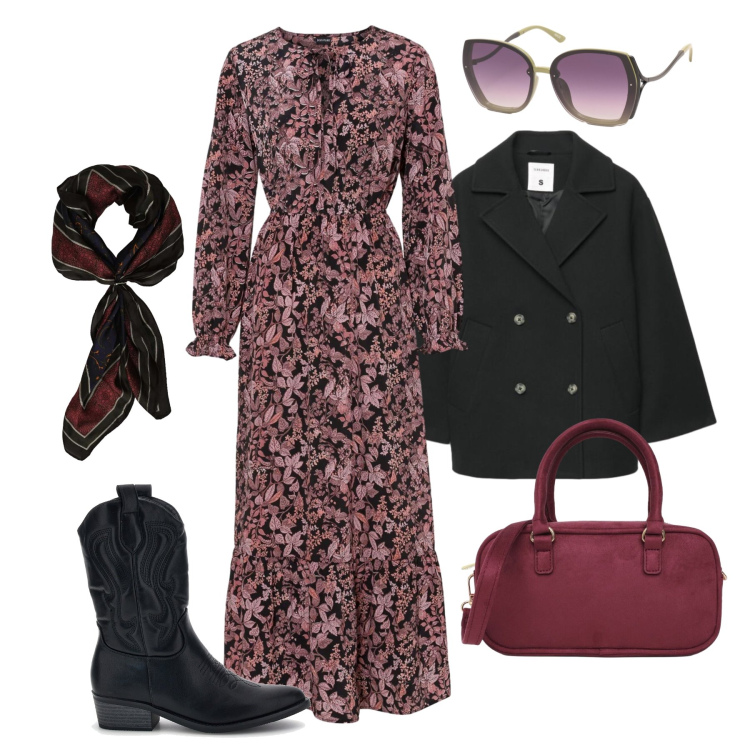 Outfit donna - Boho chic in autunno. Stile Boho per Tutti i giorni. Abbinamento con foulard, occhiali da sole, borse a tracolla, caban, stivaletti texani, vestiti lunghi.