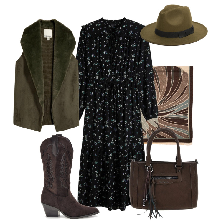 Outfit donna - Autunno boho curvy mood. Stile Boho per Tutti i giorni. Abbinamento con sciarpe, cappelli, piumini, stivaletti texani, borse a spalla, vestiti midi/longuette.