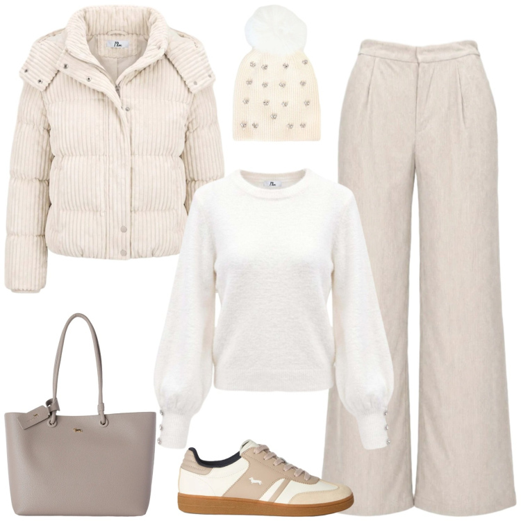 Outfit donna - Total look #2500332. Stile Casual chic per Tutti i giorni. Abbinamento con maglieria, pantaloni a palazzo, piumini, sneakers, shopping bag, cappelli.