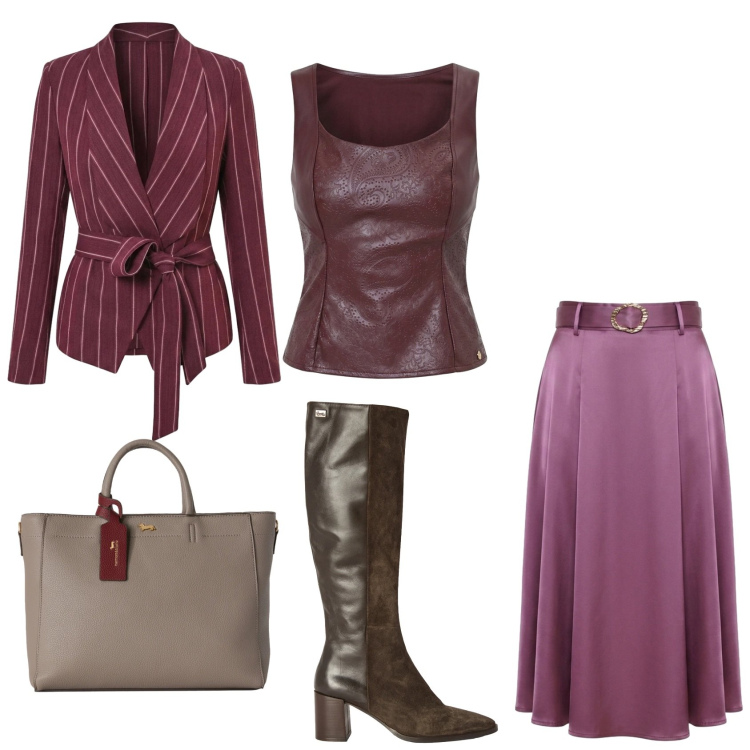 Outfit donna - Vibes d'autunno. Stile Glamour per Serata fuori. Abbinamento con borse a mano, stivali, blazer, top, gonne longuette.