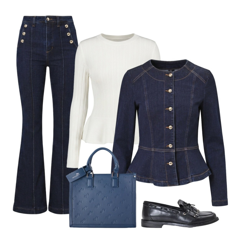 Outfit donna - Total look #2500349. Stile Minimal per Tutti i giorni. Abbinamento con borse a mano, blazer, mocassini, jeans a zampa, maglieria.
