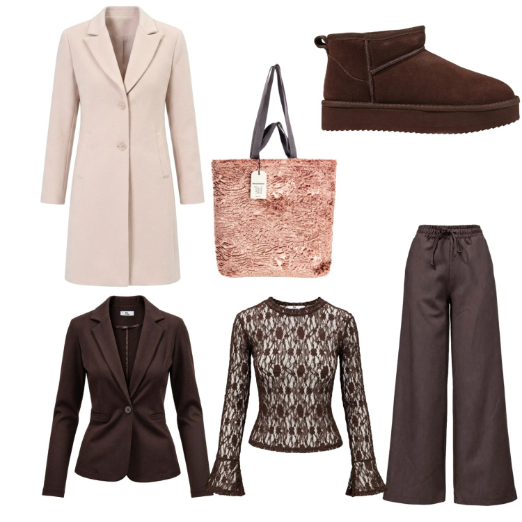 Outfit donna - Caffè e latte. Stile Casual chic per Tutti i giorni. look ideale per Tall. Abbinamento con pantaloni, top, stivaletti, blazer, cappotti, borse tote.