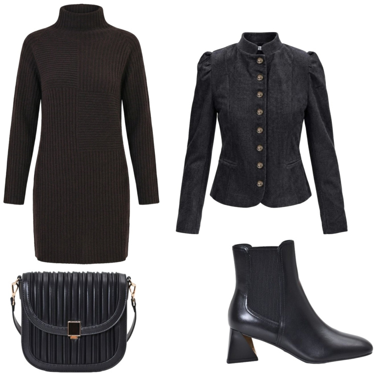 Outfit donna - Total black. Stile Rock per Serata fuori. Abbinamento con blazer, borse a tracolla, stivaletti, vestiti corti.