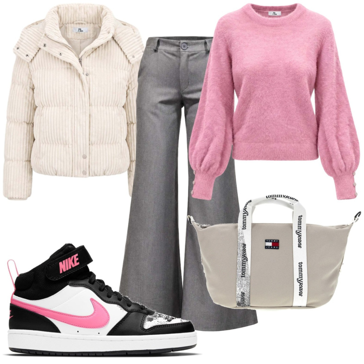 Outfit donna - I AM sporty chic. Stile Sporty chic per Tutti i giorni. Abbinamento con pantaloni, maglieria, piumini, shopping bag, sneakers.