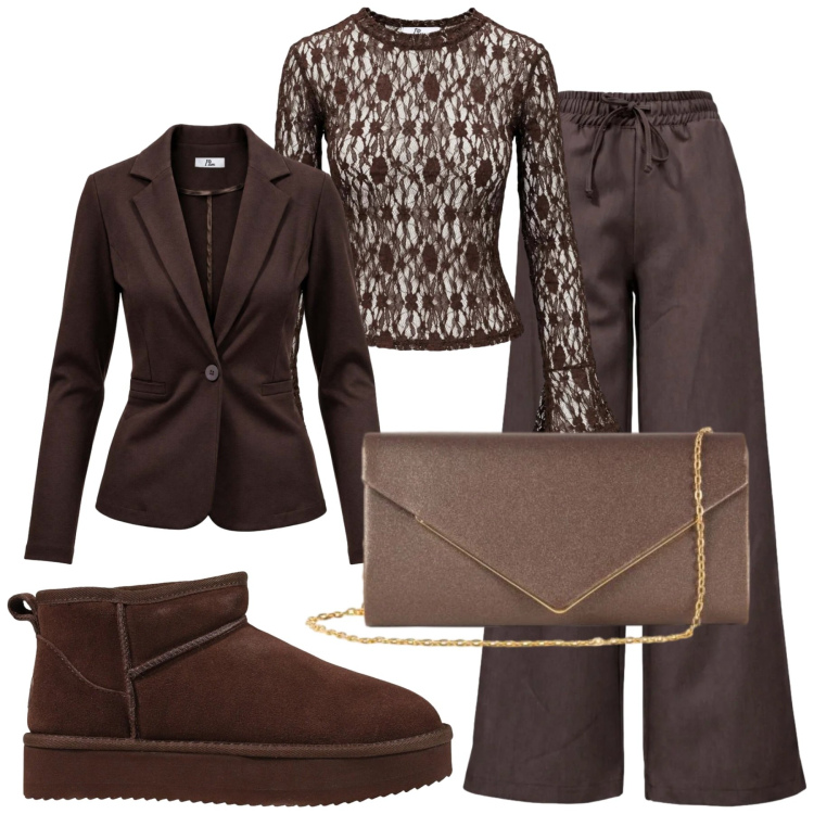 Outfit donna - Chic in Brown. Stile Chic per Serata fuori. Abbinamento con calzini, top, stivaletti, blazer, pantaloni, clutch.