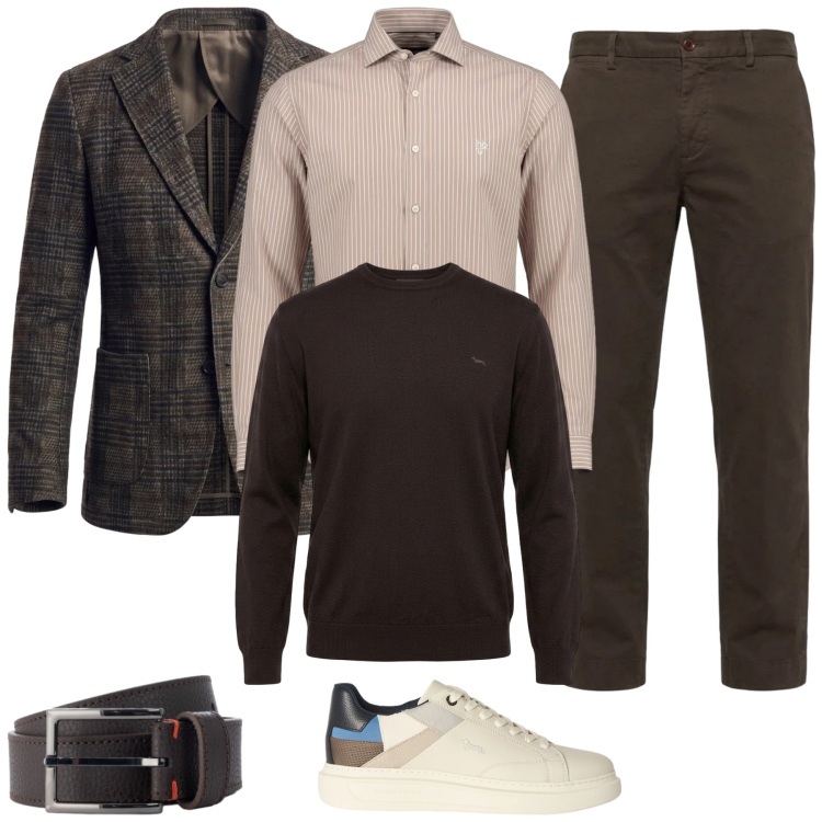 Outfit uomo - Smart. Stile Business/Elegante per Ufficio. Abbinamento con sneakers, maglieria, camicie, pantaloni, giacche, cinture.