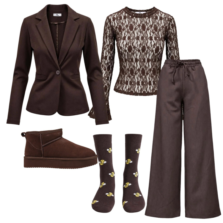 Outfit donna - Ottobre. Stile Trendy per Tutti i giorni. Abbinamento con calzini, top, stivaletti, blazer, pantaloni.