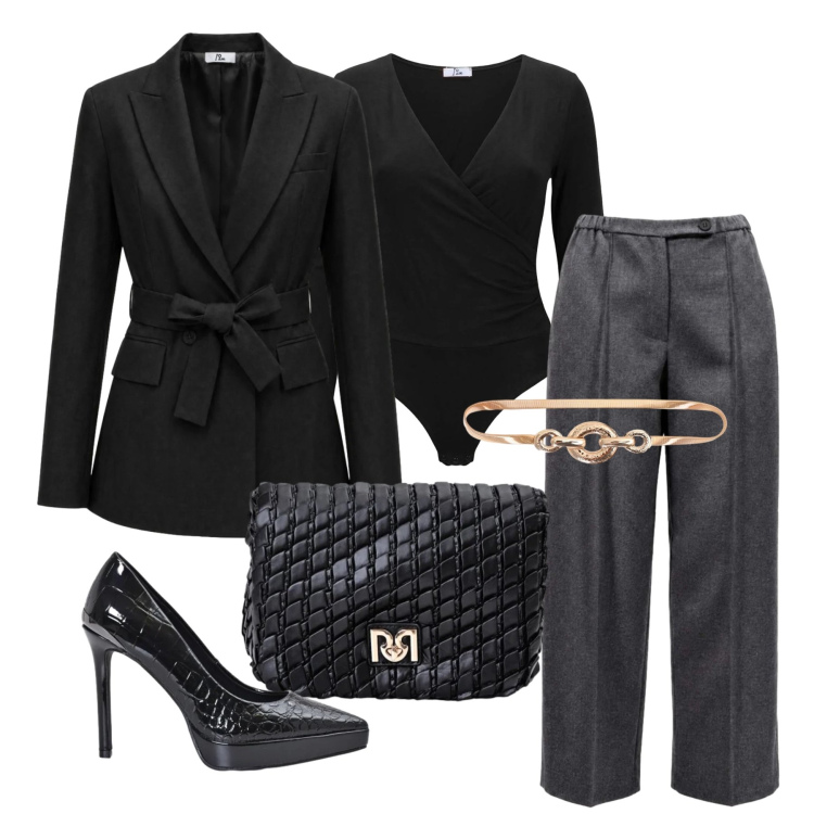 Outfit donna - Ottobre. Stile Chic per Serata fuori. Abbinamento con pantaloni, body, blazer, borse a tracolla, cinture, décolleté.