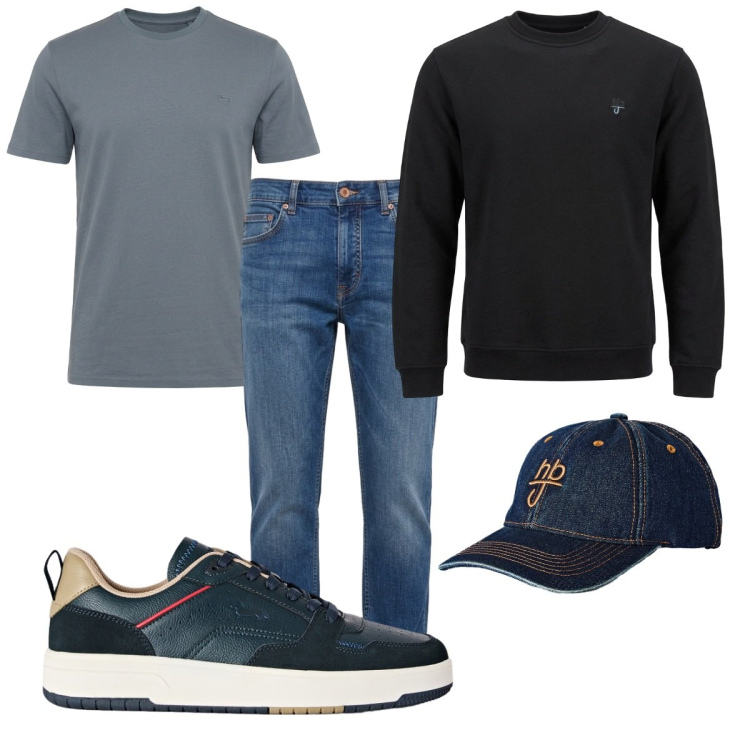 Outfit uomo - Total look #2500370. Stile Casual per Tutti i giorni. Abbinamento con jeans, cappelli con visiera, sneakers, felpe, t-shirt.