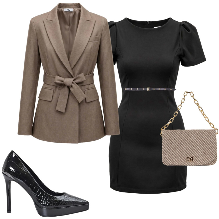 Outfit donna - A cena fuori. Stile Chic per Serata fuori. Abbinamento con cinture, blazer, vestiti corti, décolleté, borse a spalla.