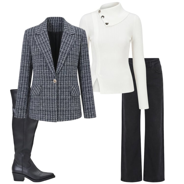 Outfit donna - In ufficio con Rinascimento. Stile Casual chic per Ufficio. Abbinamento con pullovers, stivali, blazer, jeans.