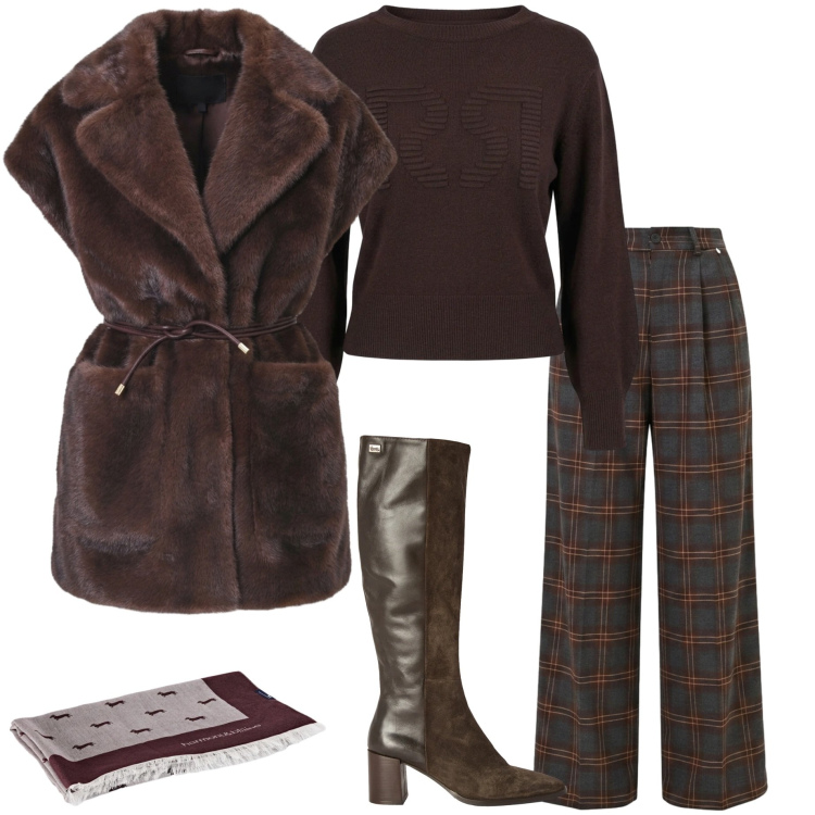 Outfit donna - Eco pelliccia smanicata. Stile Casual chic per Tutti i giorni. Abbinamento con stivali, sciarpe, pantaloni a palazzo, maglieria, piumini.