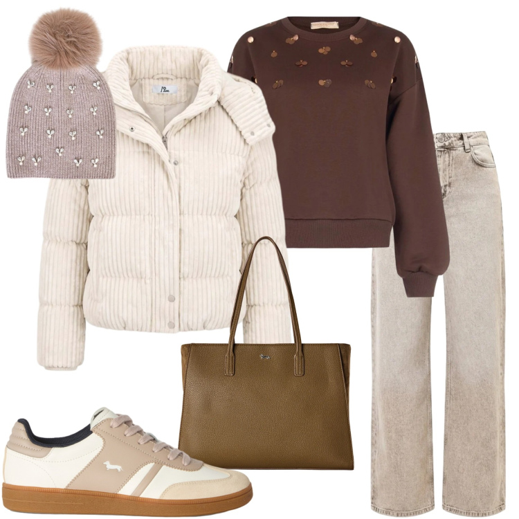 Outfit donna - Urban style. Stile Urban per Scuola/Università. Abbinamento con piumini, shopping bag, sneakers, felpe, jeans dritti, cappelli.