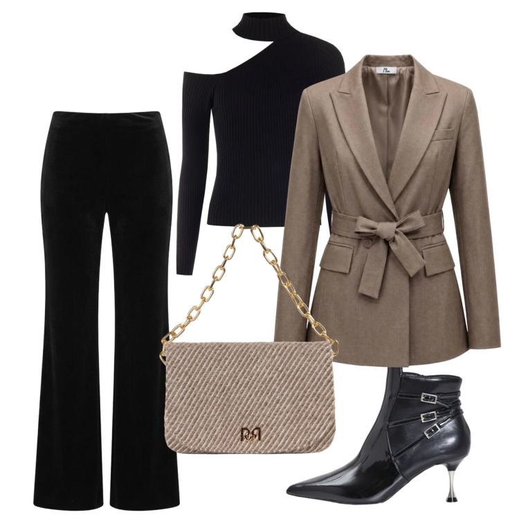 Outfit donna - Ottobre. Stile Chic per Serata fuori. Abbinamento con blazer, stivaletti, maglieria, borse a spalla, pantaloni.