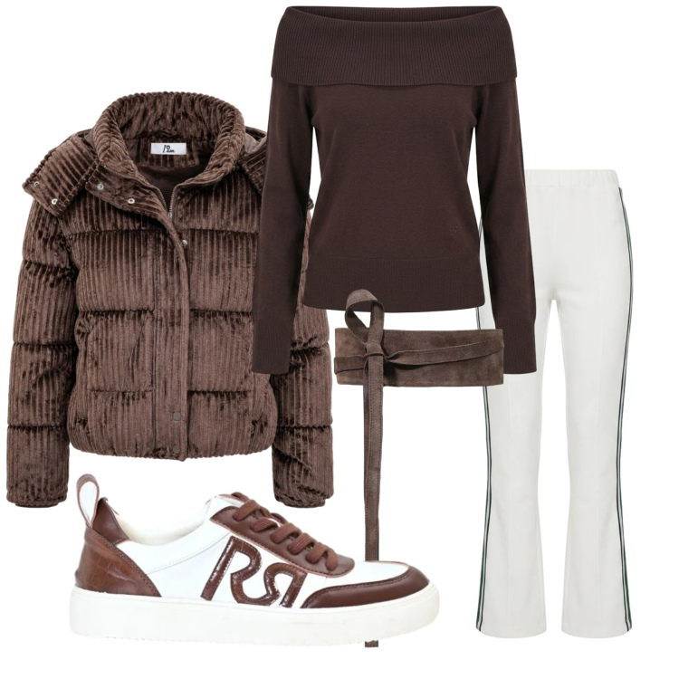 Outfit donna - Total look #2500395. Stile Urban per Tutti i giorni. Abbinamento con cinture, piumini, pantaloni, sneakers, maglieria.