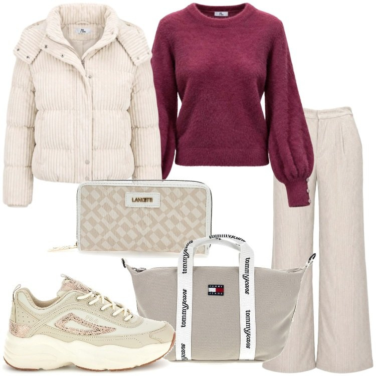 Outfit donna - Racconta il tuo autunno con I AM. Stile Sporty chic per Tutti i giorni. Abbinamento con pantaloni a palazzo, maglieria, piumini, portafogli, shopping bag, sneakers.