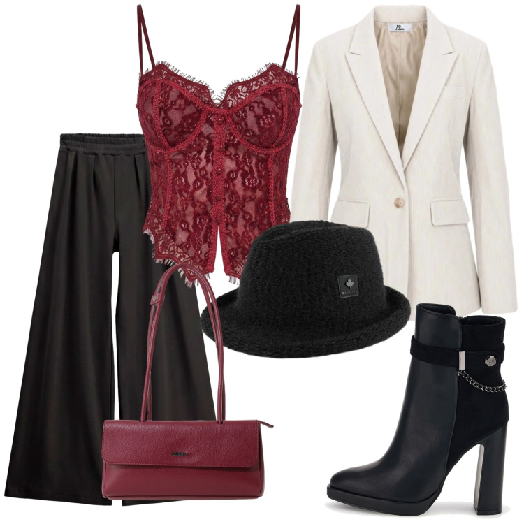 Outfit donna - Total look #2500397. Stile Chic per Serata fuori. Abbinamento con blazer, pantaloni a palazzo, borse a spalla, top, cappelli, stivaletti.