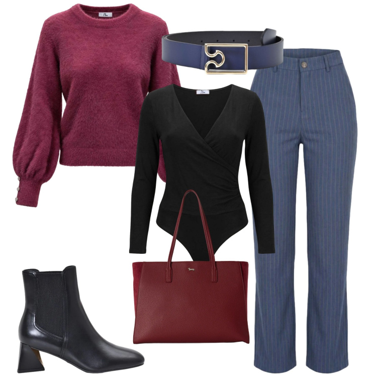Outfit donna - City. Stile Casual chic per Tutti i giorni. Abbinamento con jeans dritti, body, maglieria, shopping bag, stivaletti, cinture.