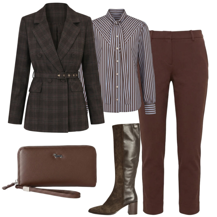Outfit donna - City. Stile Casual chic per Tutti i giorni. Abbinamento con portafogli, stivali, pantaloni, camicie, blazer.