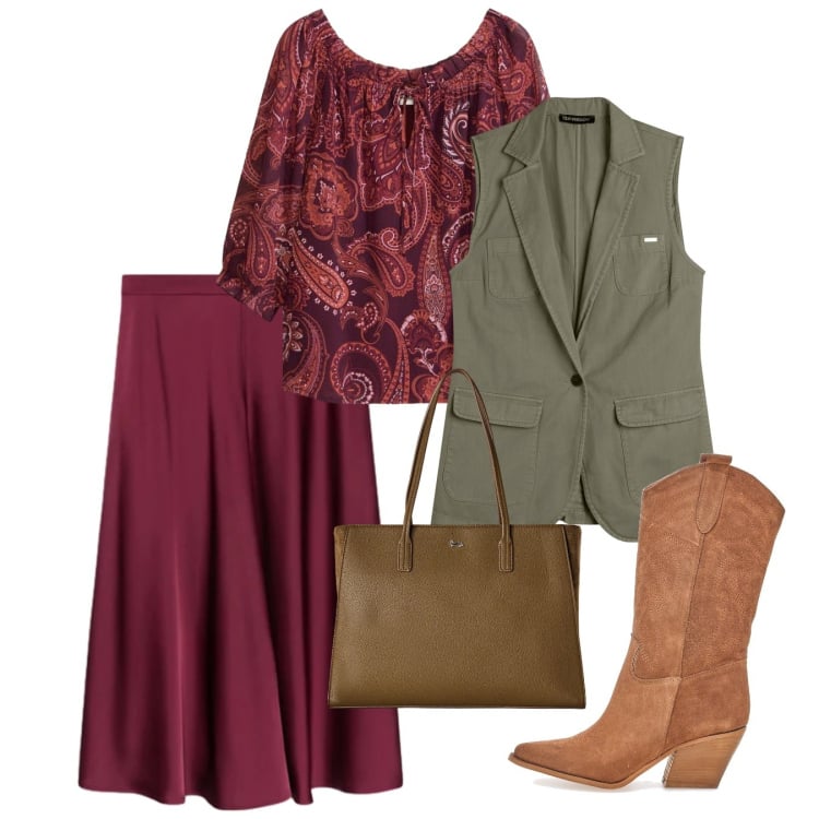 Outfit donna - Stile Boho Chic autunnale. Stile Boho per Tutti i giorni. Abbinamento con shopping bag, gonne, gilet, stivaletti texani, bluse.