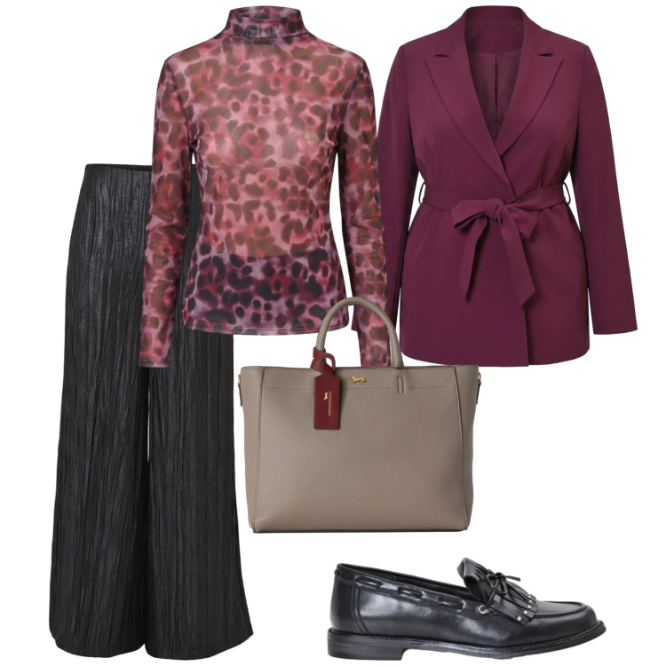 Outfit donna - Un po' animalier. per Ufficio. Abbinamento con borse a mano, mocassini, blazer, t-shirt, pantaloni a palazzo.