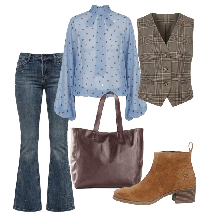Outfit donna - Stile Boho Chic autunnale. Stile Boho per Tutti i giorni. Abbinamento con bluse, jeans a zampa, gilet, stivaletti, shopping bag.